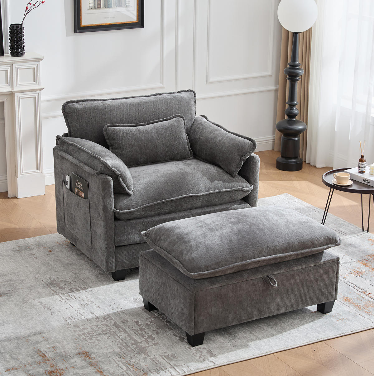 SESSEL 103/85/91 cm in Grau aus Chenille mit Fußhocker und Stauraum - Grau, Textil (103/91/85cm) - BEAOK