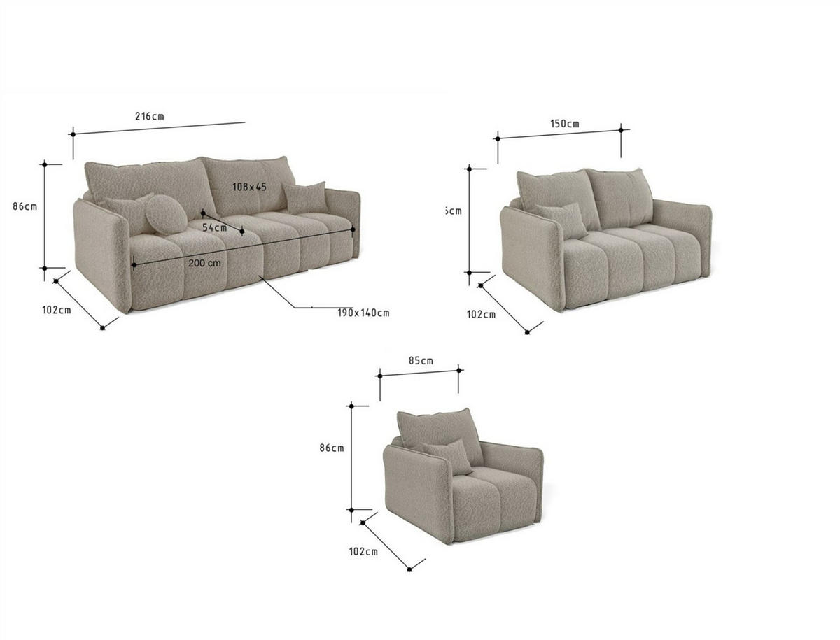 SOFASET Morgano 3-2-1 - Creme, Holzwerkstoff/Textil (216/86/102cm) - Fun Möbel