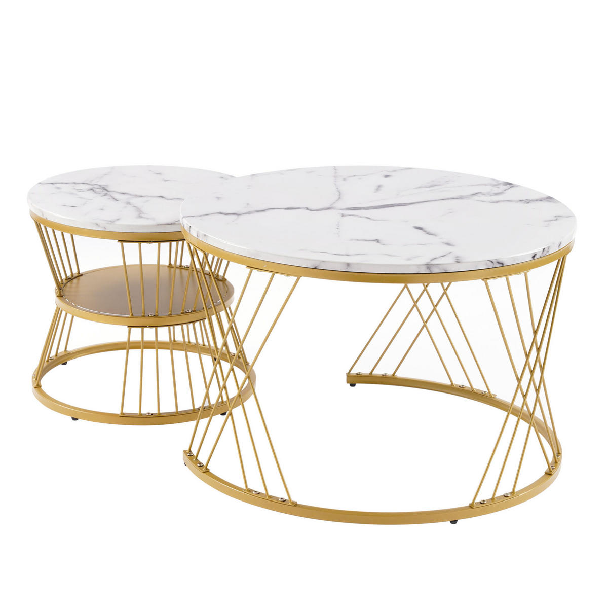 COUCHTISCH-SET 70/70/47 & 45/45/40 cm, rundes Nesting-Design mit Hochglanz-Marmormuster und Metallgestell, Weiß - Weiß, Holzwerkstoff (70/70/45cm) - Redom