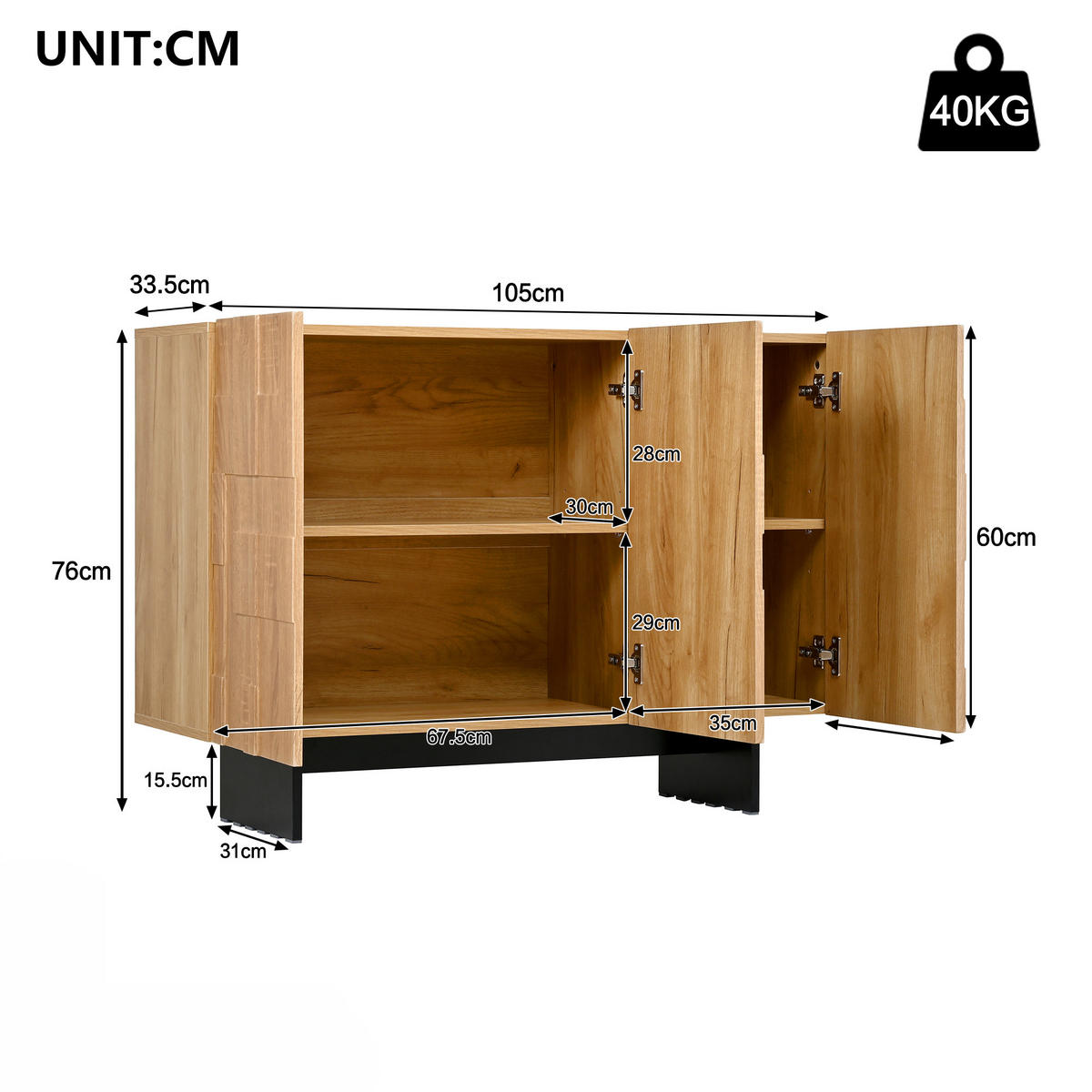 SIDEBOARD Naturholzoptik Schwarz 105/33,5/76 cm - Naturfarben, Naturmaterialien (105/76/33.5cm) - PANGIVO