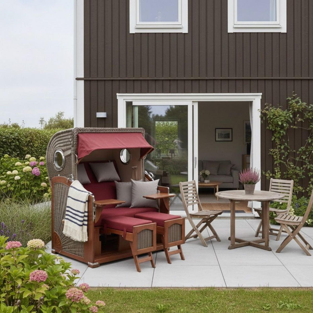 STRANDKORB 2-Sitzer Düne Mahagoni 594 - Rot/Weinrot, Holz (125/170/80cm) - Mr. Deko