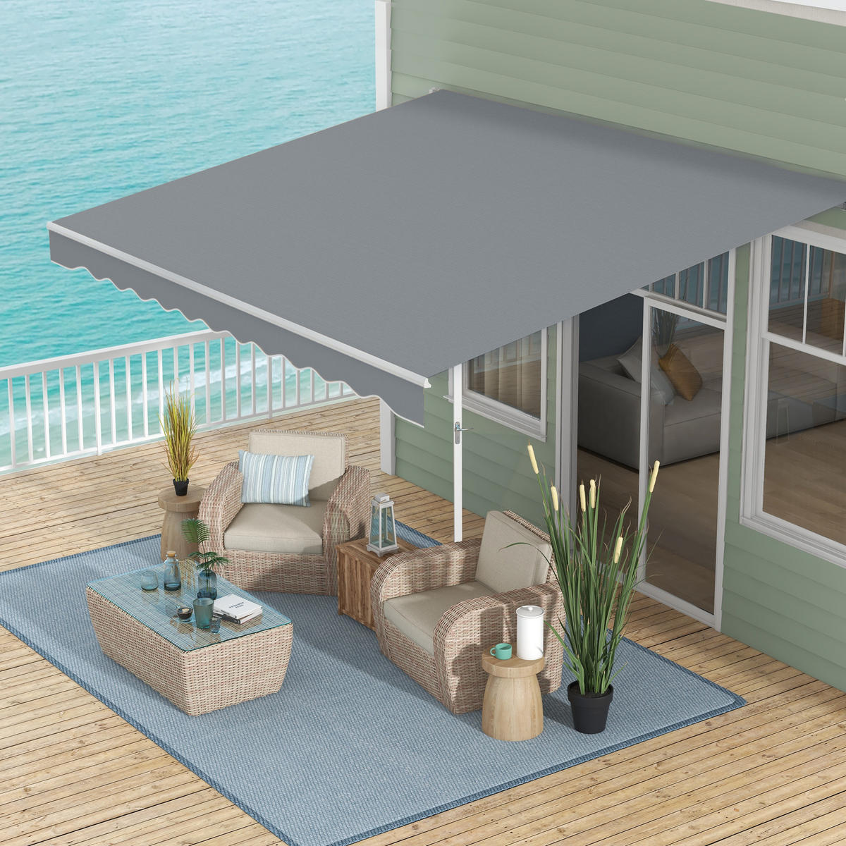 MANUELLE Gelenkarmmarkise Markise 395cm mit Kurbel Sonnenschutz Alu Weiß+Grau - Grau, Metall (245/350/395cm) - Outsunny