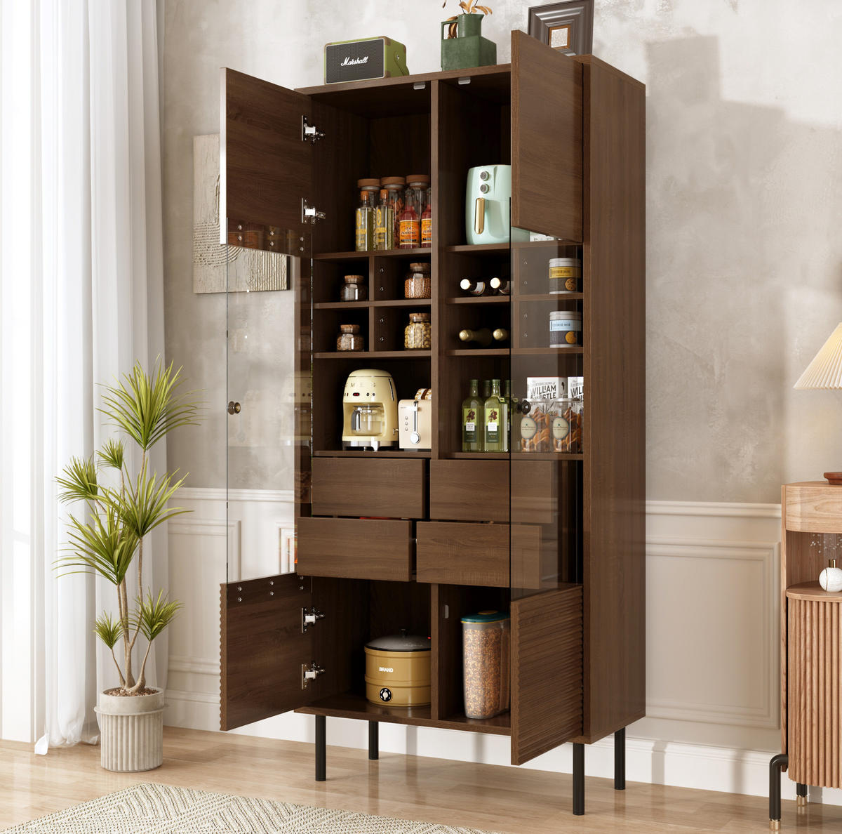 VITRINENSCHRANK aus MDF 75x35x164 cm in Nussbaumoptik mit Glasfront, 4 Schubladen und Stauraum - Walnussfarben, Holzwerkstoff (75.5/164.5/35cm) - IVMEU