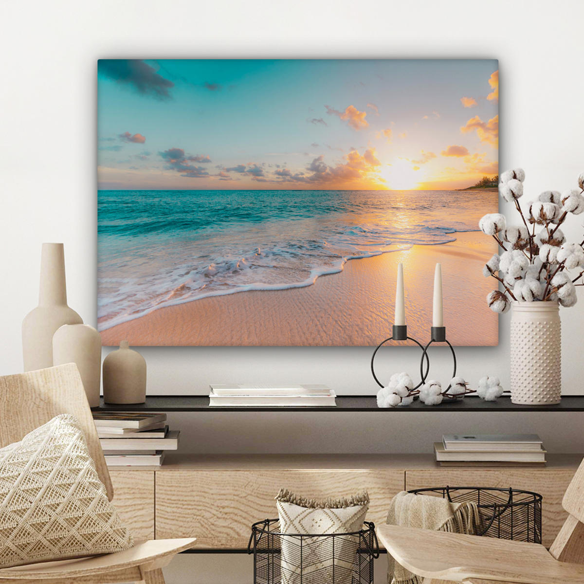 LEINWANDBILD - Sonnenuntergang - Strand - Meer - Sommer - Blau - 80x60 - Malerei - Multicolor, Textil (80/60cm) - MuchoWow