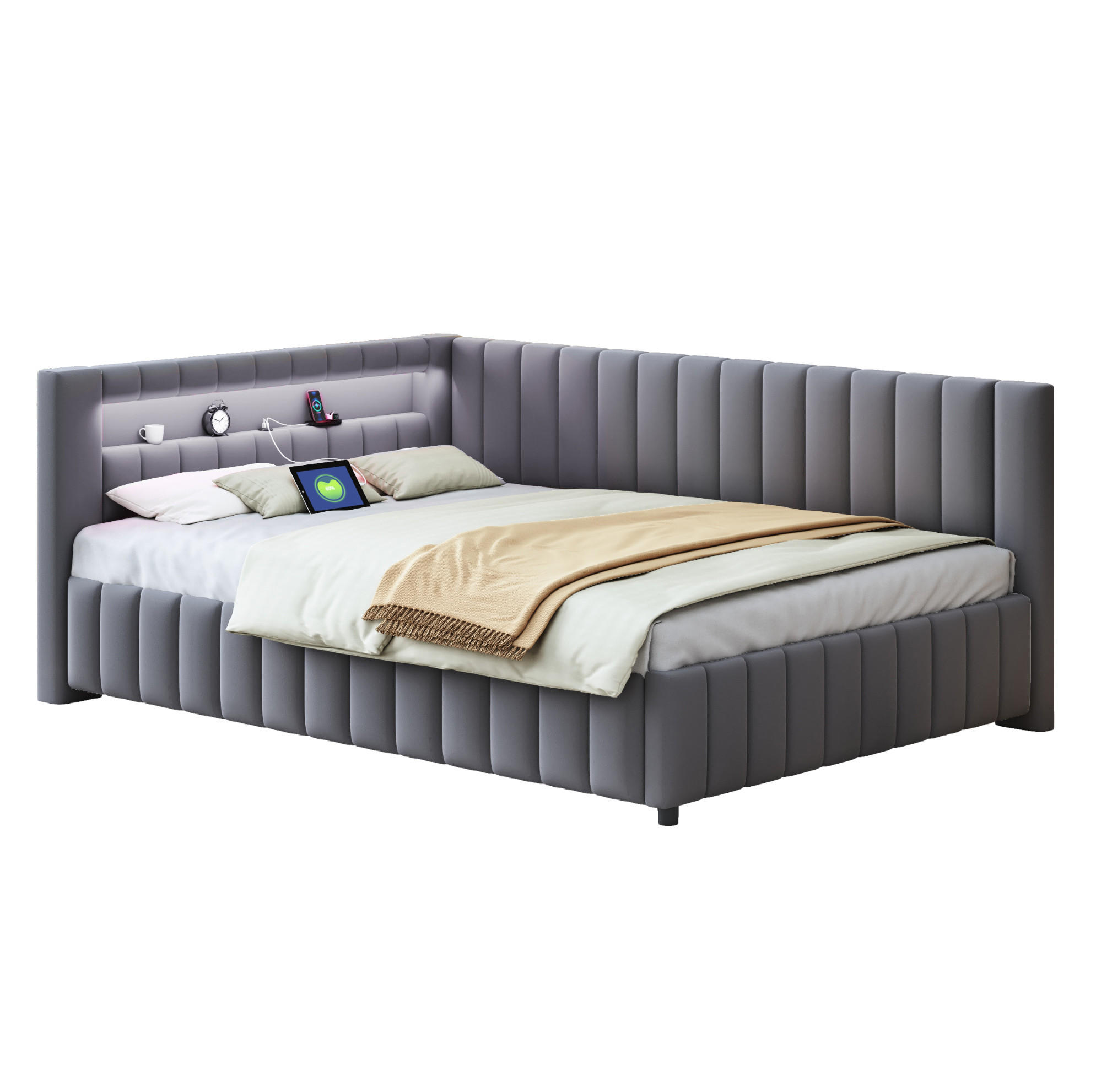 POLSTERBETT 140/200 cm Grau mit LED-Beleuchtung und USB-Anschluss - Grau, Textil (140/200cm) - Flora Grace