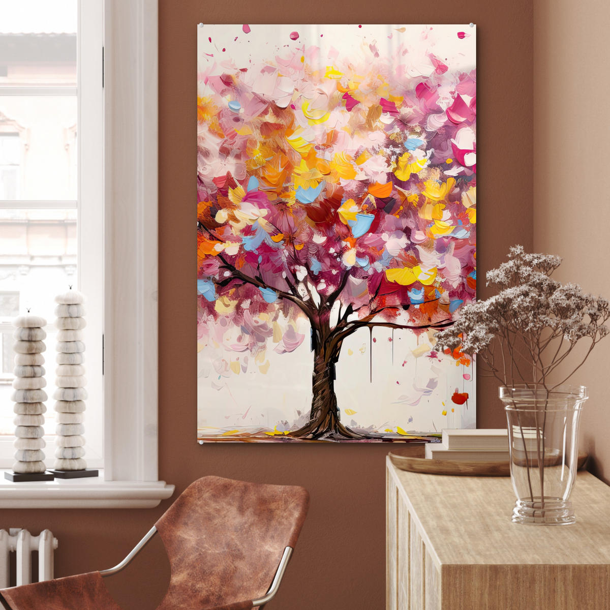 ACRYLGLASBILD Aquarell - Baum - Kunst - Abstrakt 60x90 cm - Multicolor, Glas (60/90cm) - MuchoWow