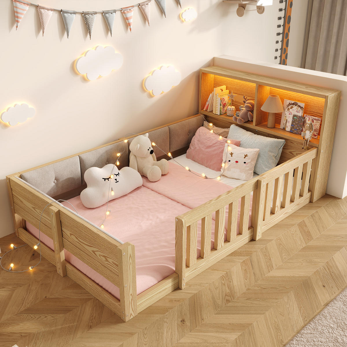 FLACHBETT 90x200cm Gitter Kinderbett LED Natur - Naturfarben, Holzwerkstoff (90/200cm) - FLIEKS