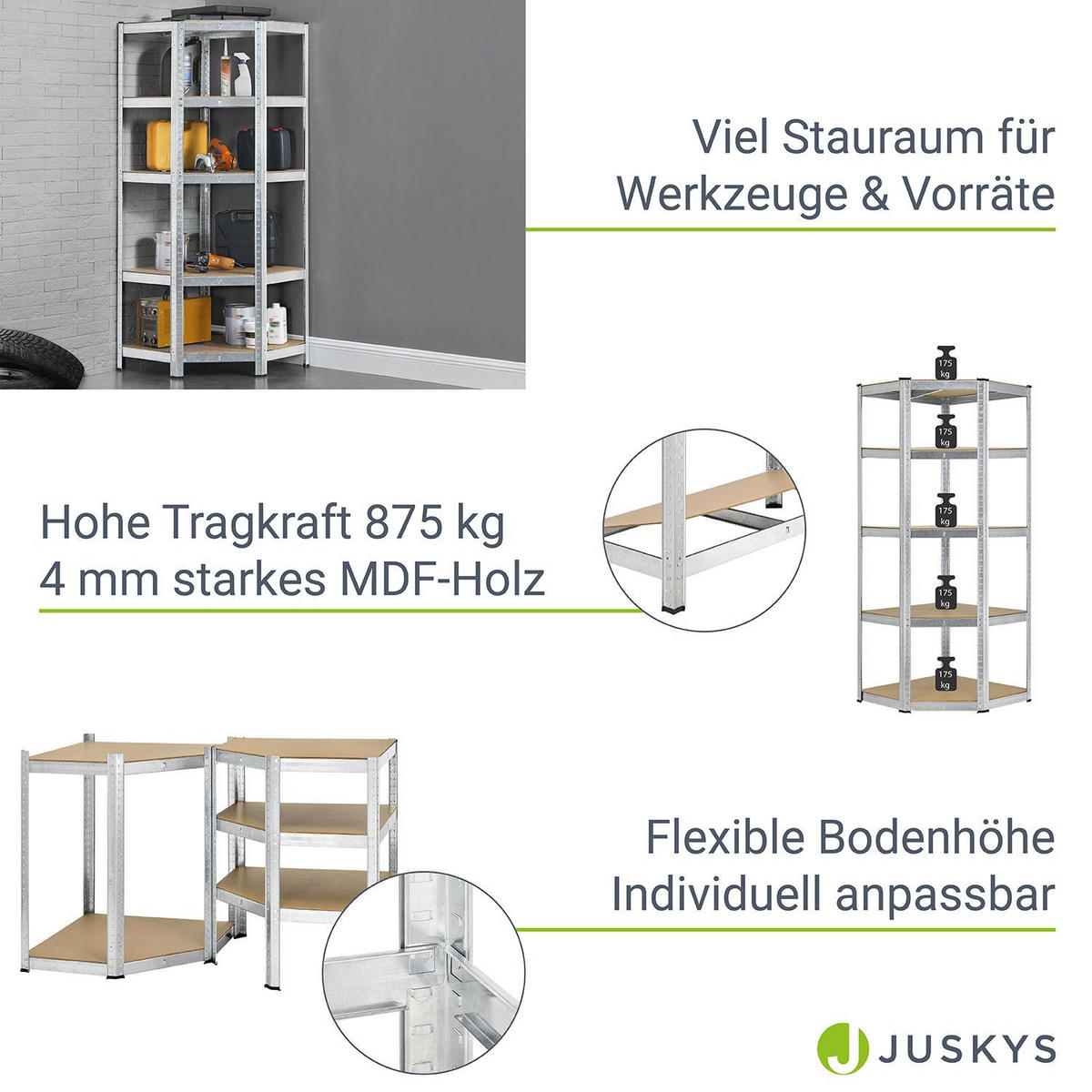 ECKREGAL Lagerregal Corner Basic verzinkt 180x70x70 cm - Silberfarben, Metall (70/180/70cm) - Juskys