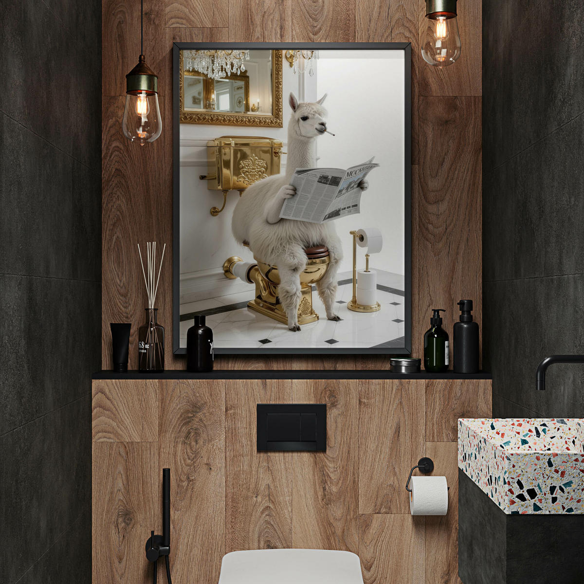 POSTER für Badezimmer WC LAMA mit Zeitung auf Toilette Glamour Abstraktion 50x70cm - Gelb/Beige, Papier (50/70/70cm) - Muralo