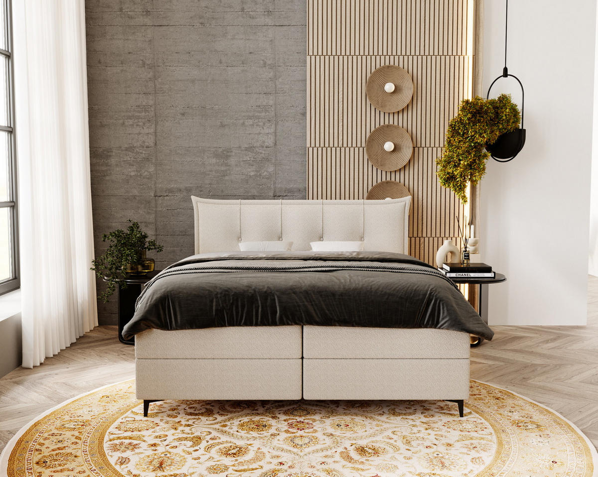 BOXSPRINGBETT Boucle 180x200 Liron mit Kissen-Kopfteil und Matratze, Creme - Creme, Holz/Textil (180/200cm) - Emporius