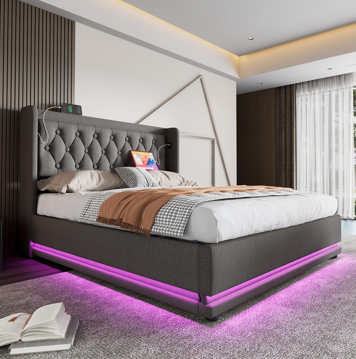 POLSTERBETT mit Bettkasten 160/200 cm in Grau mit LED und USB-C - Grau, Textil (160/200cm) - BEAOK