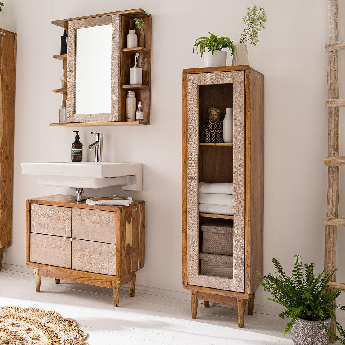 MASSIVER MIDISCHRANK - Akazie massiv - Ecru / Akazie - Akaziefarben, Holz/Metall (38/137/30cm) - home24