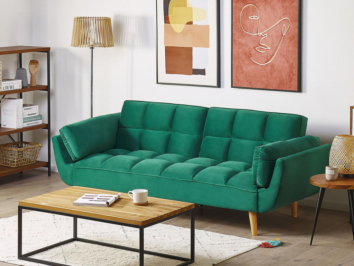 3-SITZER-SCHLAFSOFA Samtstoff Grün Asby - Grün, Textil (218/82/83cm) - Beliani