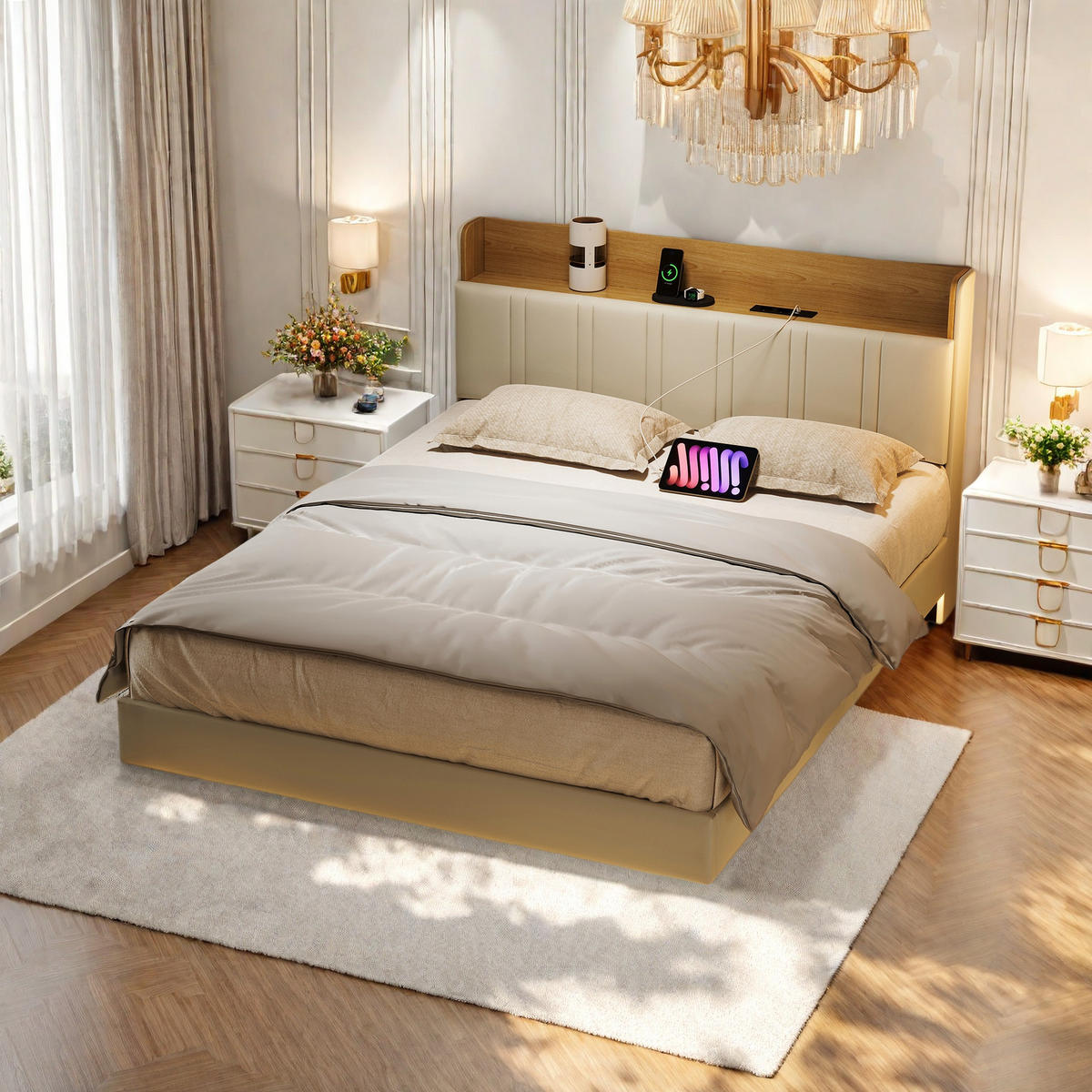 ČALÚNENÁ posteľ 160x200 cm biela PU LED USB plávajúce lôžko - biela, kov - SHOPENTRA