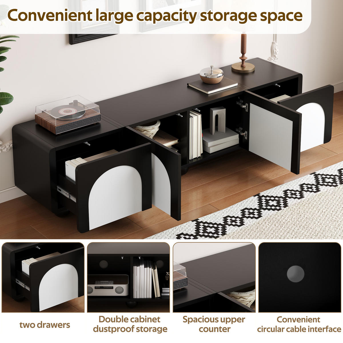 TV-SCHRANK Schwarz/Weiß 180/38/45 cm Zwei Schubladen Zwei Türen Kugelfüße - Schwarz, Karton (38/45/180cm) - PANGIVO
