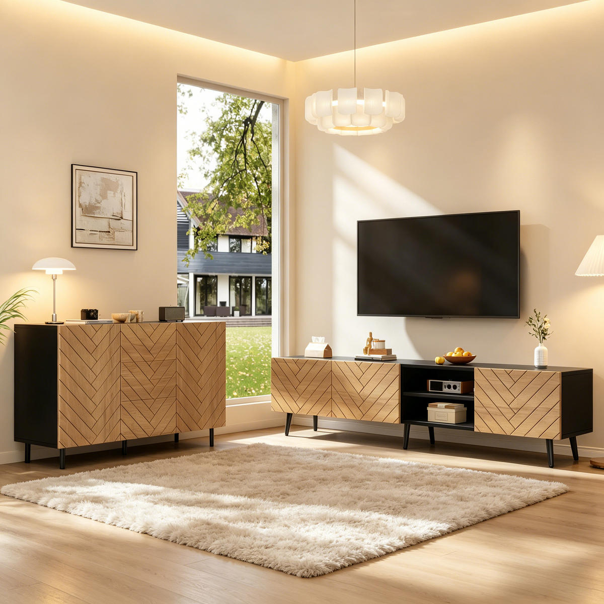 WOHNZIMMER-SET in Holzfarbe Wohnzimmermöbelset mit Lowboard und Sideboard für Wohnzimmer - Schwarz/Naturfarben, Holzwerkstoff/Metall (180/45/33.5cm) - STILVORA