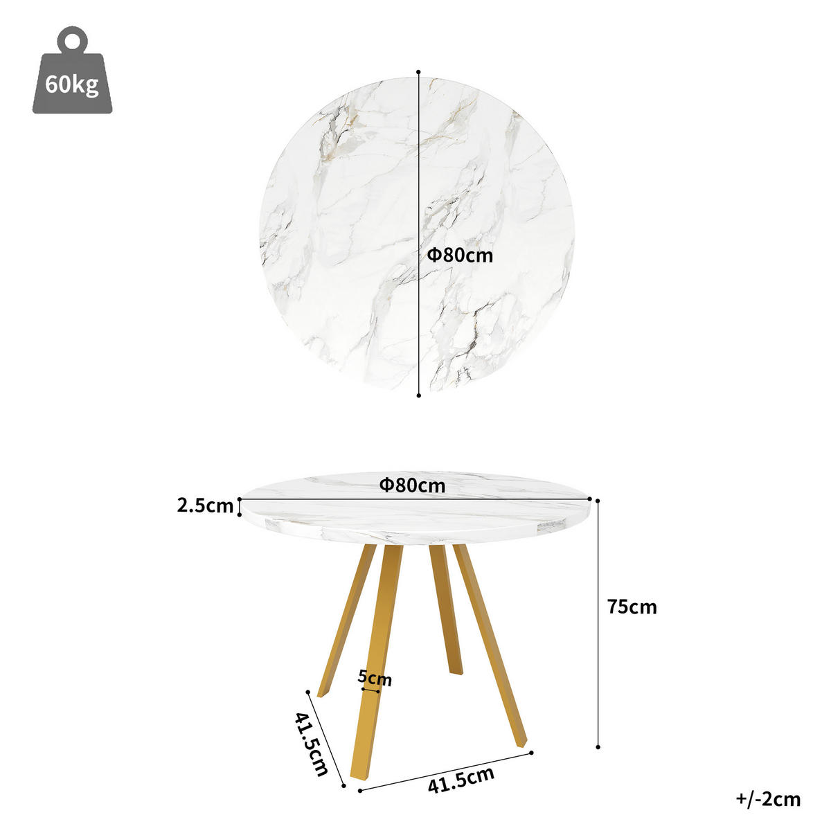 STOL za blagovaonicu, 80/80/75 cm, MDF/metal, bijeli mramorni dekor sa zlatim nogama - bijela, drvni materijal (80/80/75cm) - BEAOK