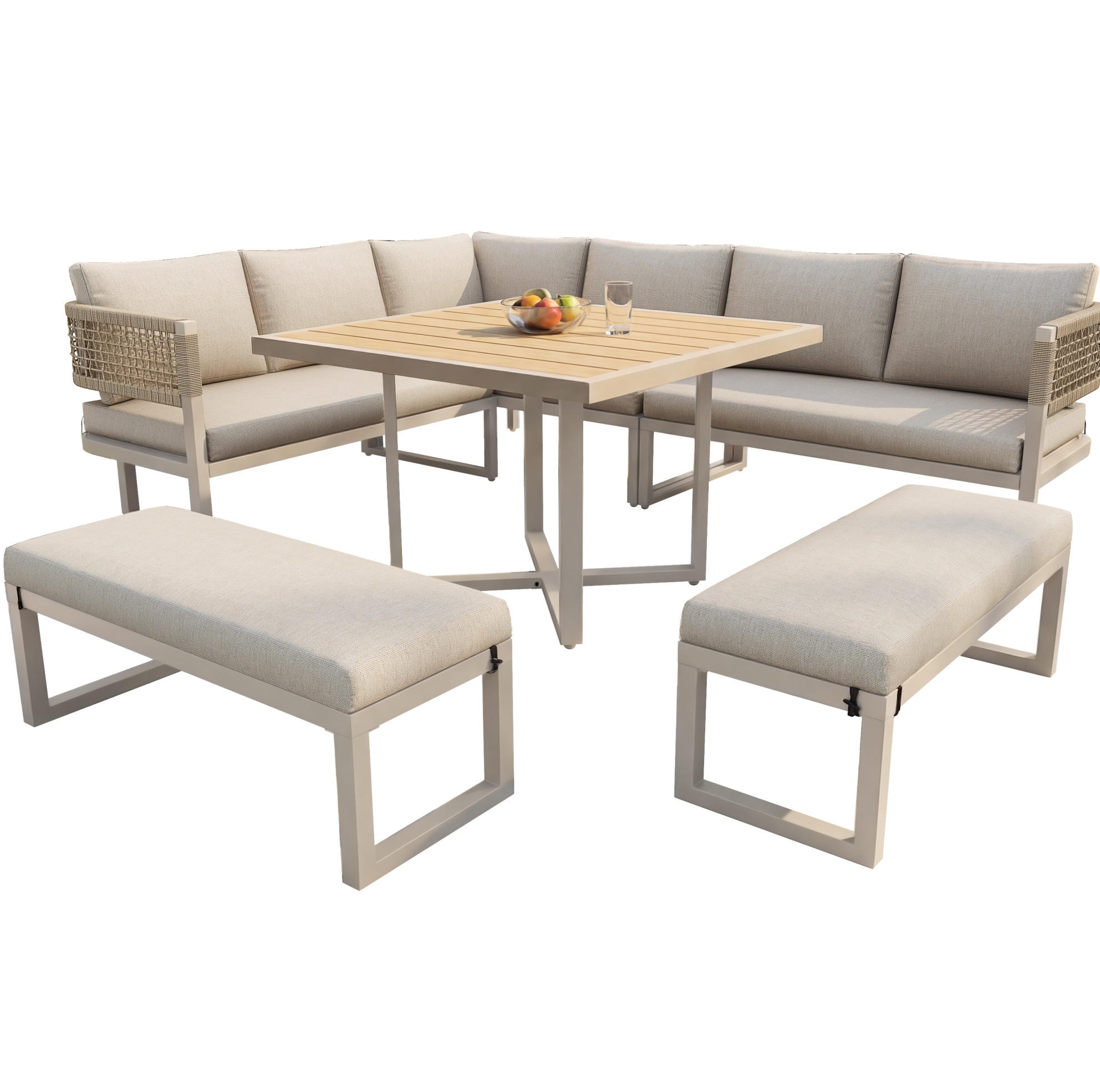GARTEN-LOUNGE-SET 110/58/78 cm mit Esstisch, verstellbaren Füßen und abnehmbaren Bezügen, Beige - Beige, Metall - Redom