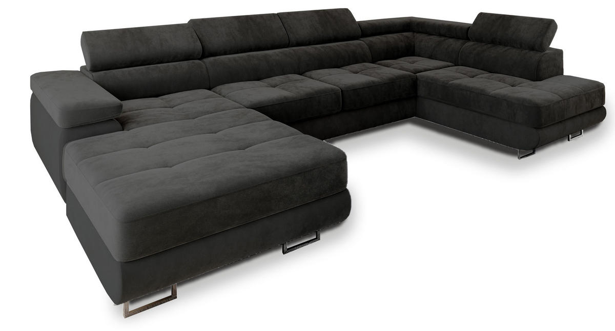 WOHNLANDSCHAFT CASONE R-S Schwarz Velours-Stoff mit Schlaffunktion - Schwarz, Holz (345/90/202cm) - MASSENO
