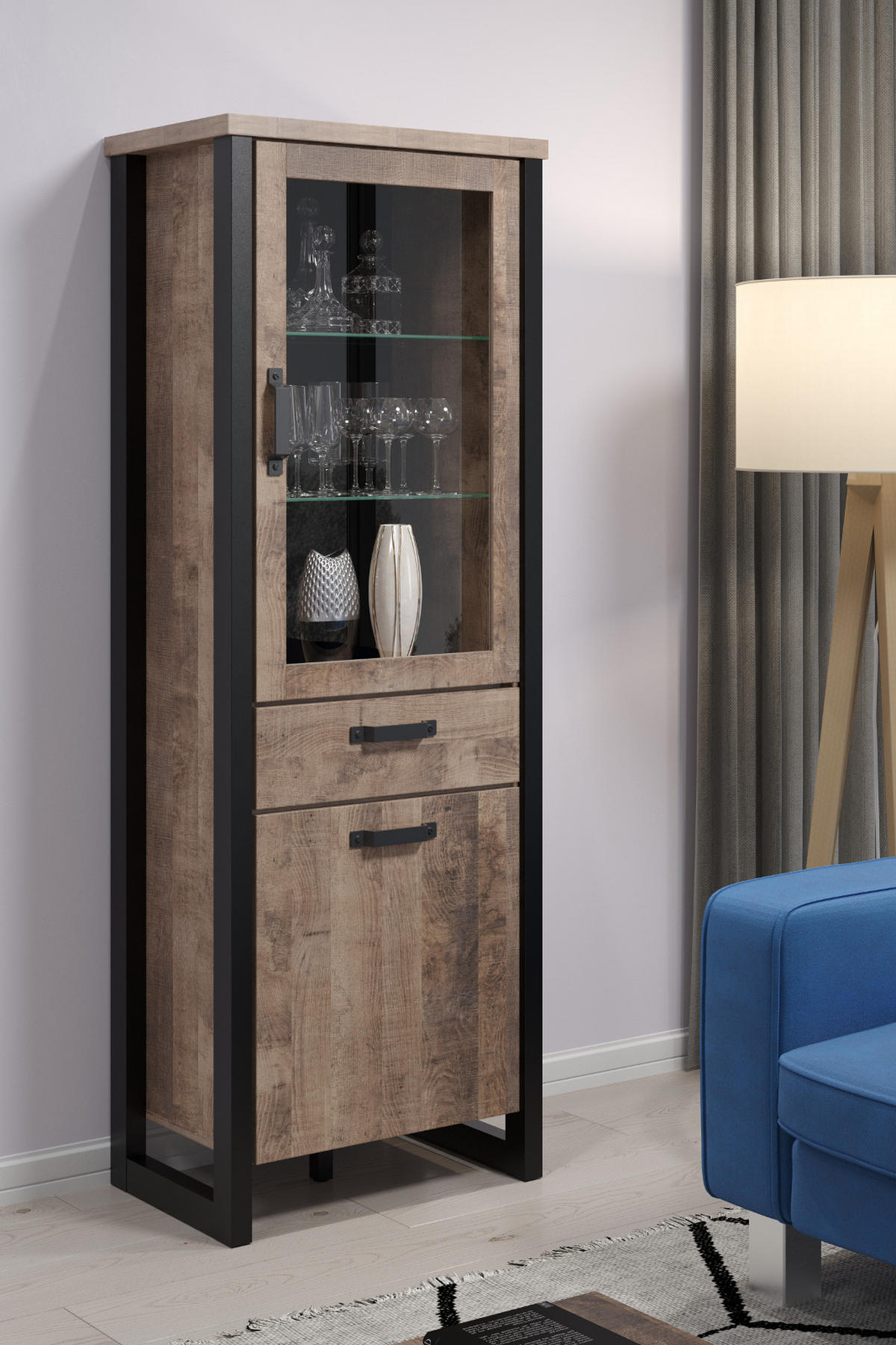 VITRINE Eiche Tabak, schwarz 70 x 195 cm, Vitrinenschrank für Wohn- und Esszimmer - Eichefarben/Schwarz, Glas/Holzwerkstoff (70/195/45cm) - Top.Furn