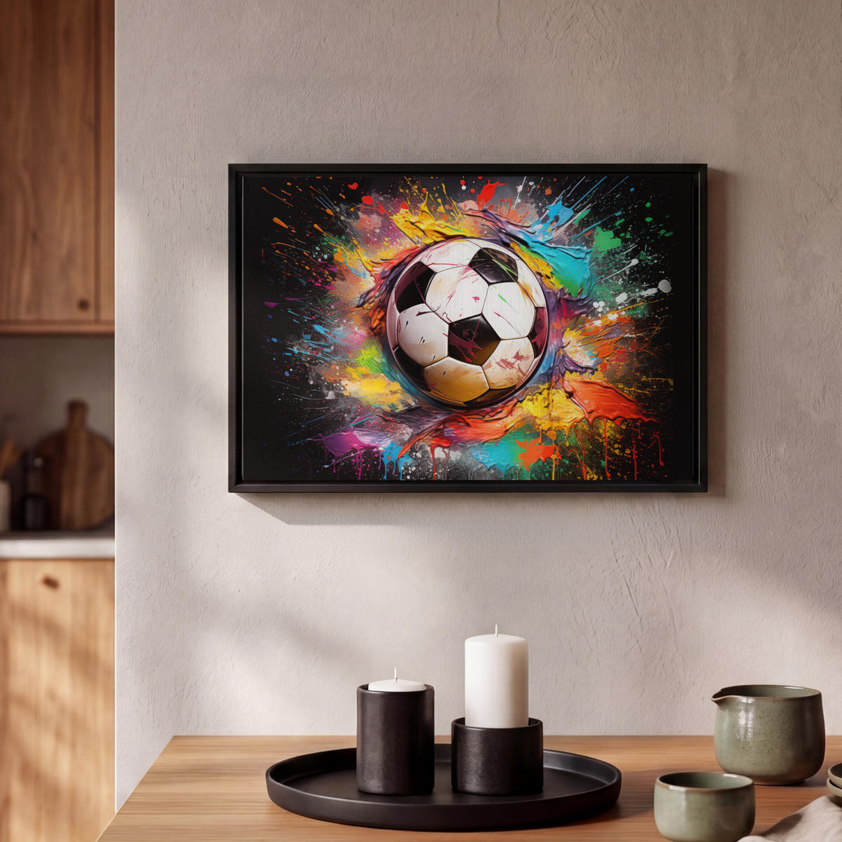 LEINWAND Bilder mit Rahmen - Fußball - Farbe - Farben - Schwarz - Weiß - 30x20 - Weiß, Textil (30/20cm) - MuchoWow