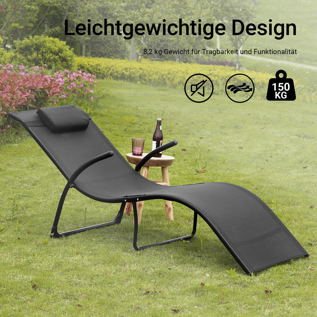 SONNENLIEGE Schwarz - Schwarz, Metall (60/69/173cm) - SoBuy