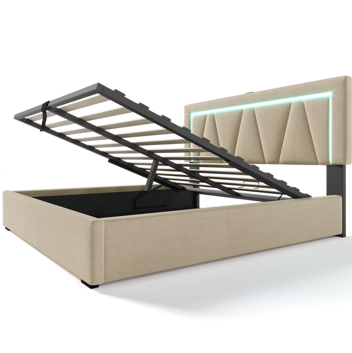 POLSTERBETT 160/200 cm Beige mit USB- und Type-C-Anschlüssen und LED-Beleuchtung Mit Matratze - Beige, Textil (160/200cm) - OKWISH