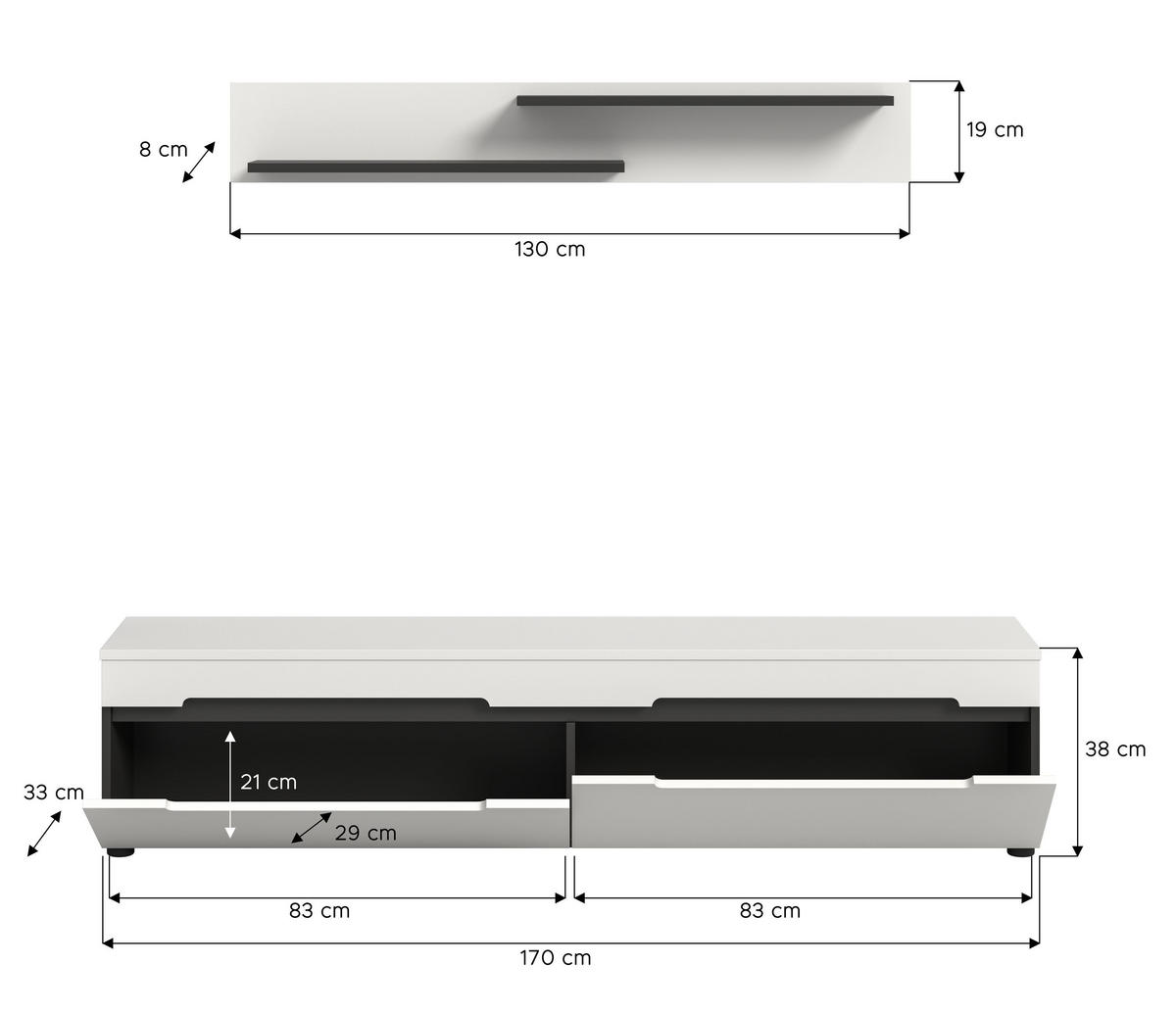 LOWBOARD inkl. Wandboard CANU (B/H/T: ca. 170/38/33 cm) in Basalt grau/weiß - Grau, Holzwerkstoff (170/38/33cm)