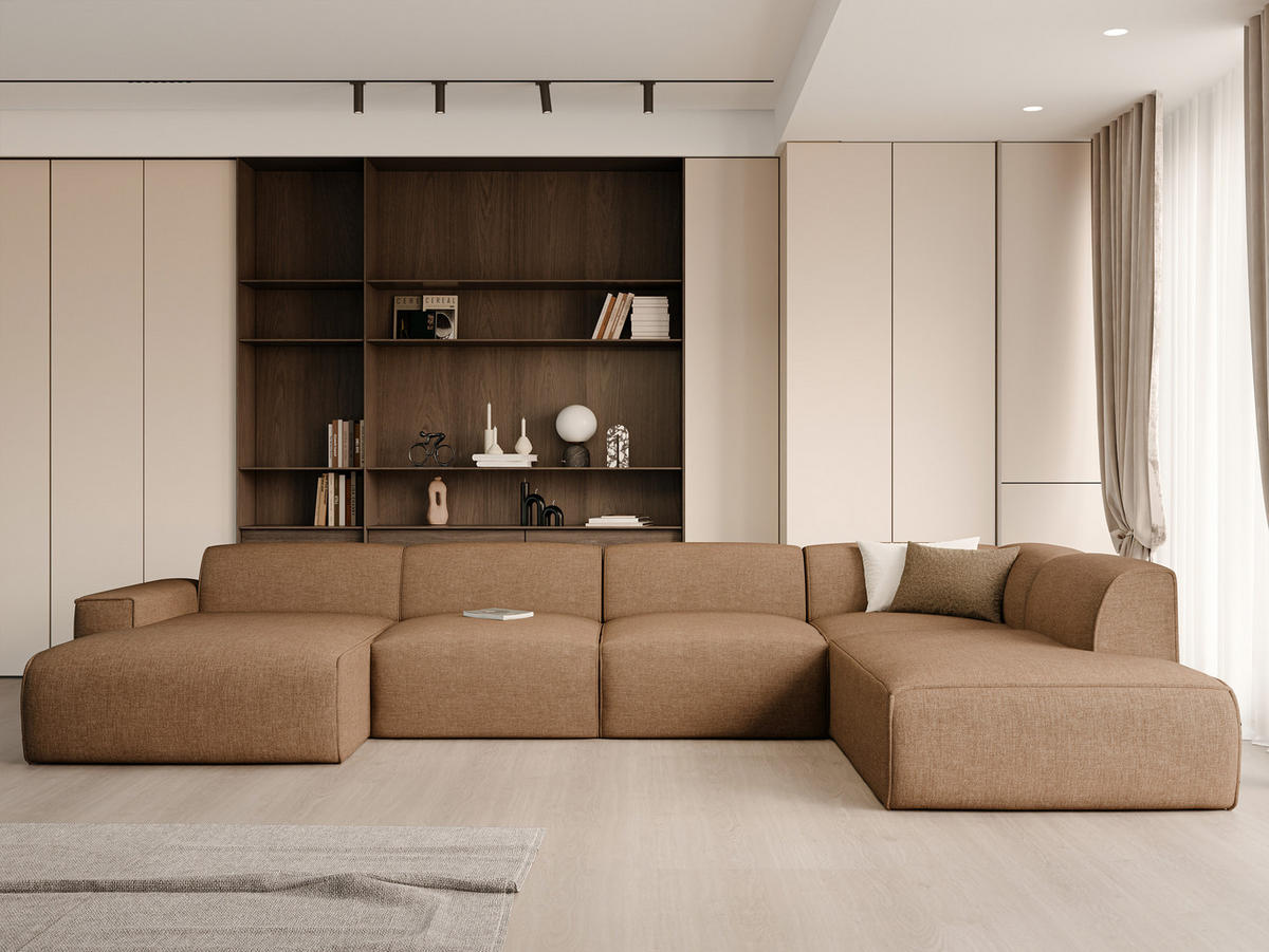 WOHNLANDSCHAFT DOVE Chenille-Stoff in Braun - Braun, Holzwerkstoff/Kunststoff (300/85/90cm) - Idohome
