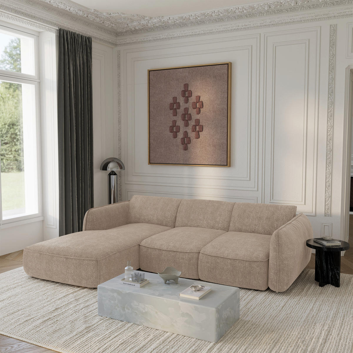 ECKSOFA RECHTS Rastervelours 274cm - Beige, Textil (274/174cm) - Sia Home