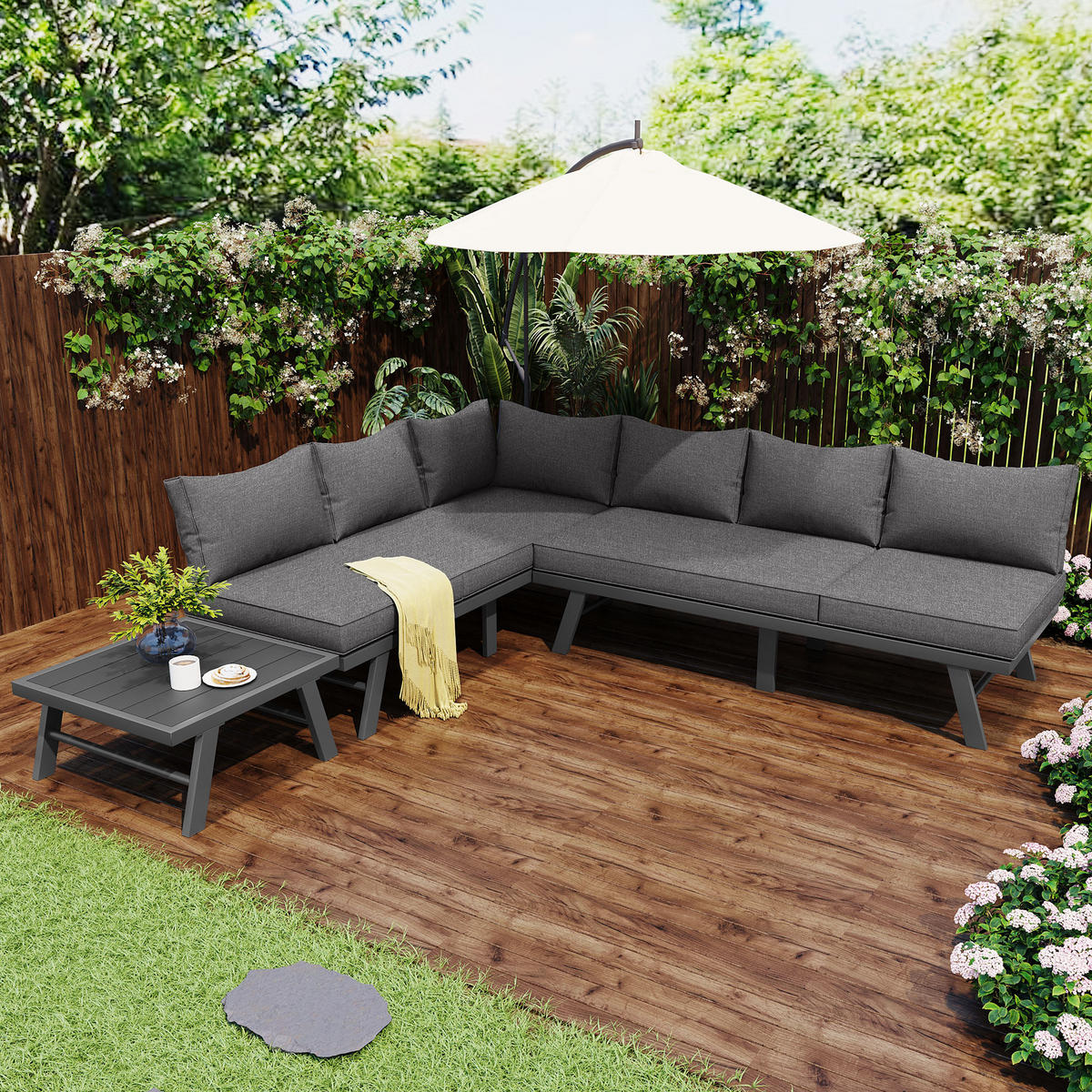 LOUNGESET 5-6 Personen Grau 2x 3-Sitzer 1 Tisch - Grau, Metall - FLIEKS