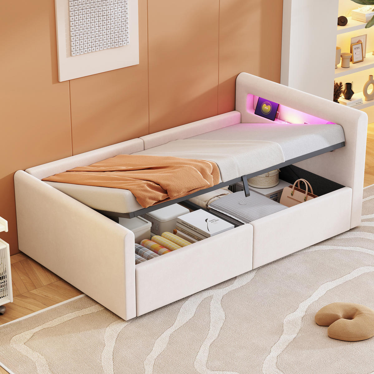 POLSTERBETT 90/200 cm Beige mit Stauraum, LED-Beleuchtung und USB-Anschluss - Beige, Textil (90/200cm) - Flora Grace