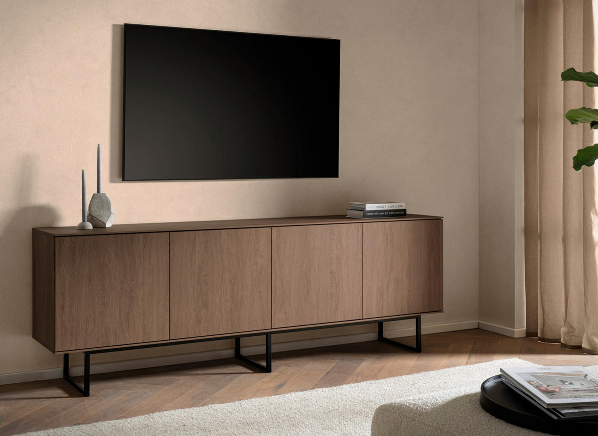 TV-LOWBOARD Nussbaum 200 x 70 cm, TV Unterteil mit Push-to-Open und Komforthöhe - Nussbaumfarben/Schwarz, Holzwerkstoff/Metall (200/70/40cm) - Furn.Design