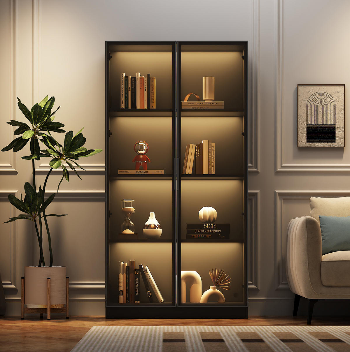 VITRINE 80/40/160 cm in Schwarz mit LED-Beleuchtung und Glastüren - Schwarz, Holzwerkstoff (40/160/80cm) - Flora Grace