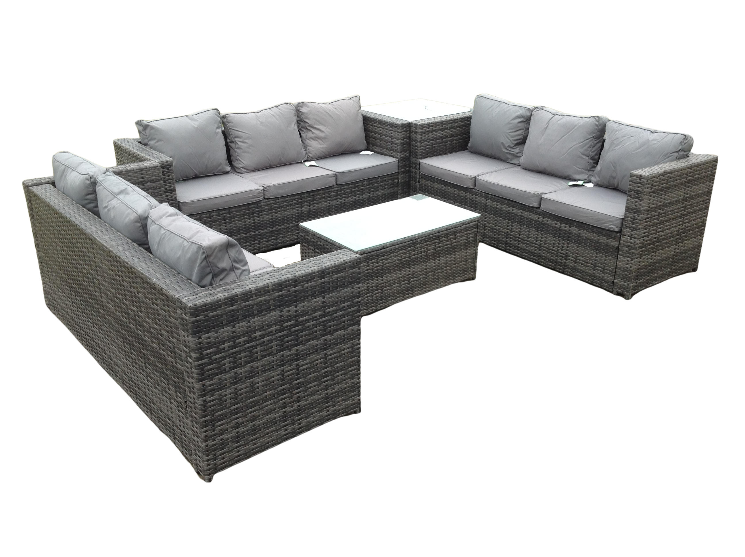 GARTENSOFA Hohe Rückenlehne Polyrattan 9-Sitzer - Dunkelgrau/Grau, Glas/Kunststoff - Fimous