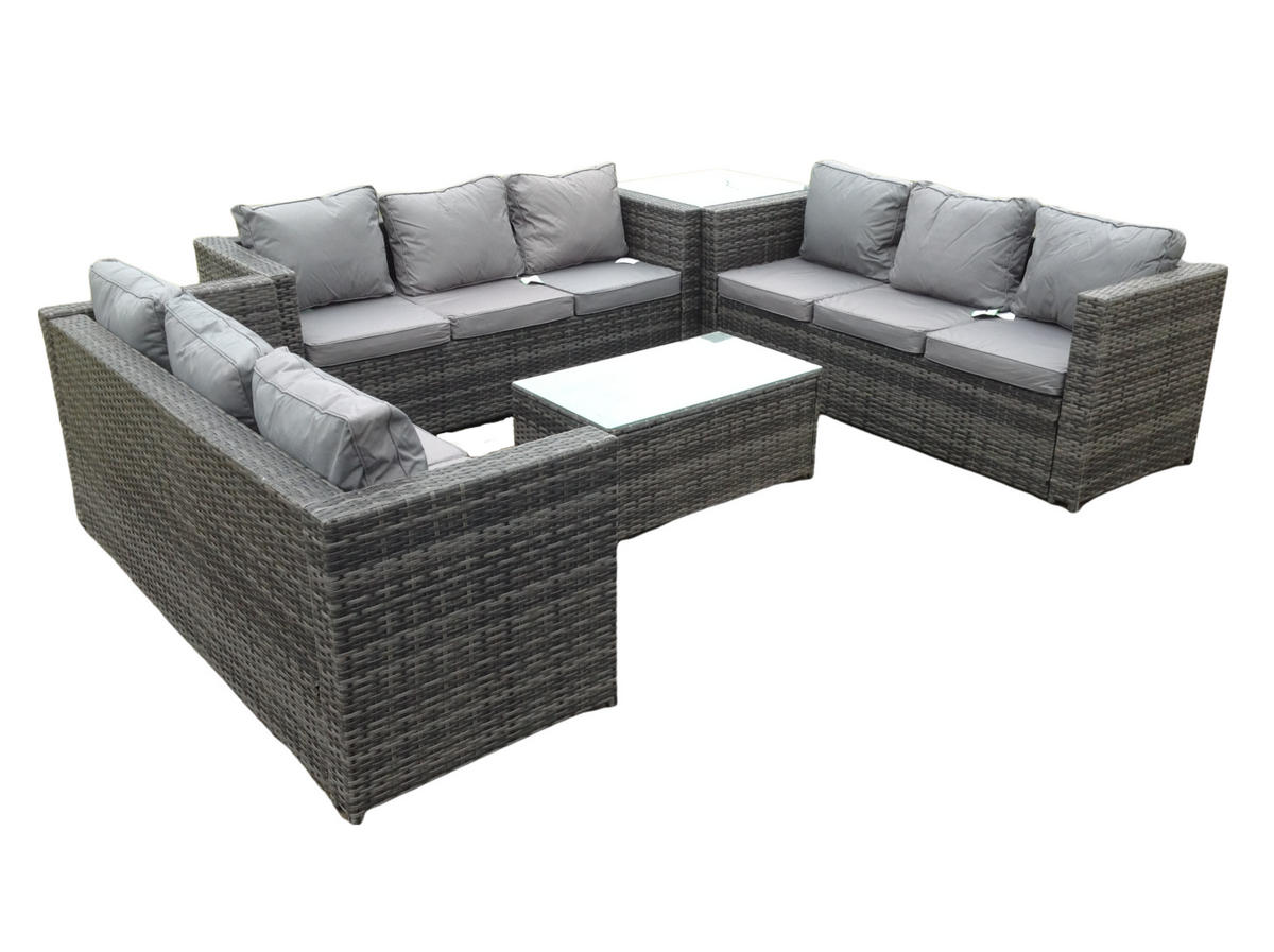 GARTENSOFA Hohe Rückenlehne Polyrattan 9-Sitzer - Dunkelgrau/Grau, Glas/Kunststoff - Fimous