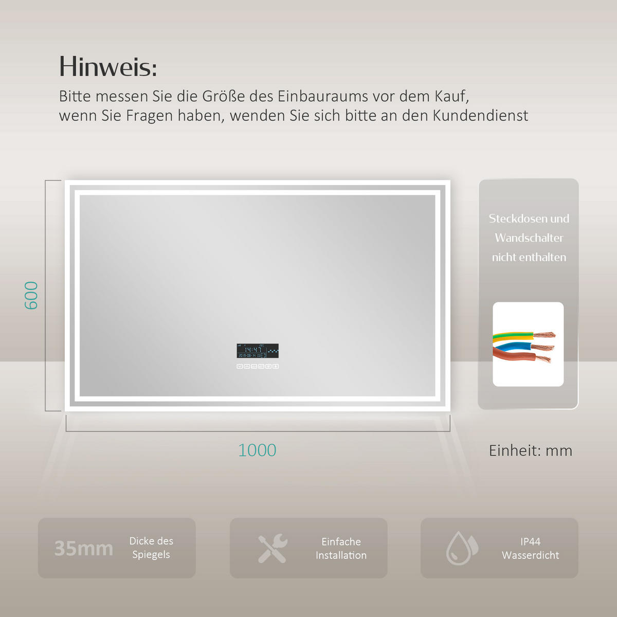 BADSPIEGEL mit Antibeschlag Bluetooth Beleuchtung 100/60/3,5 cm - Weiß, Glas (60/3.5/100cm) - EMKE