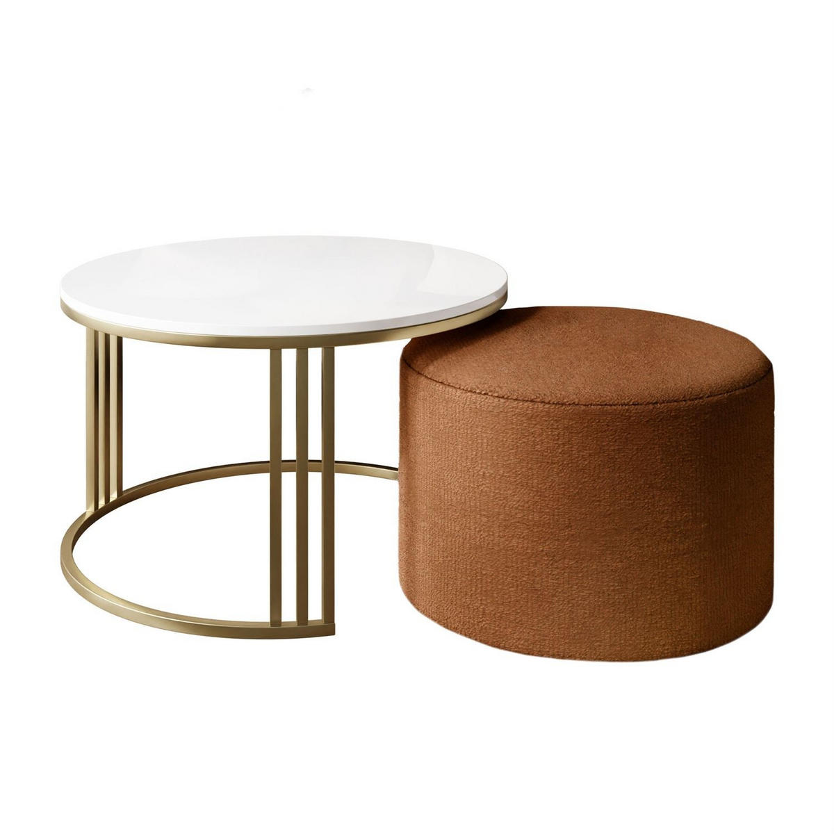 COUCHTISCH mit Hocker LORI Hochglanz gebürstetes Gold/weißer Glanz/Perfect Harmony 52 - Weiß, Metall (70/70/49cm) - Lookway