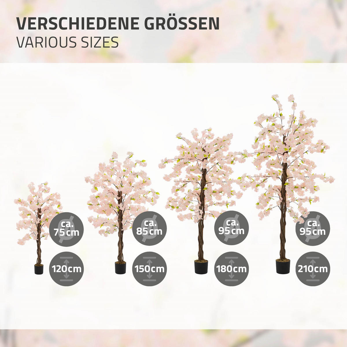 KÜNSTLICHER KIRSCHBLÜTENBAUM 150 cm Rosa mit Naturholzstamm - Pink/Schwarz, Kunststoff/Textil (150cm) - ML-DESIGN