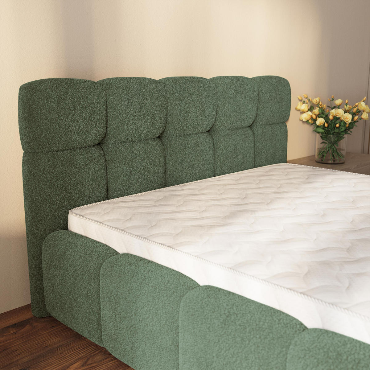 ČALOUNĚNÁ POSTEL ELIZJA 200x200 cm, s úložným prostorem, Zelená - QUELLE 37 - zelená barva, dřevo/textil (200/200cm) - MASSENO