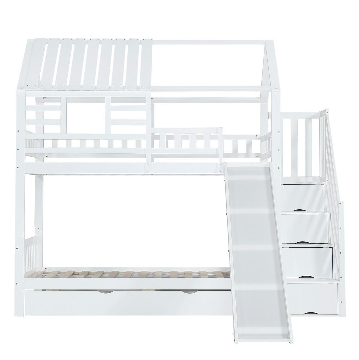 ETAGENBETT 90/200 cm in Weiß mit Treppe, Rutsche und Stauraum - Weiß, Holzwerkstoff (90/200cm) - OKMYHOME