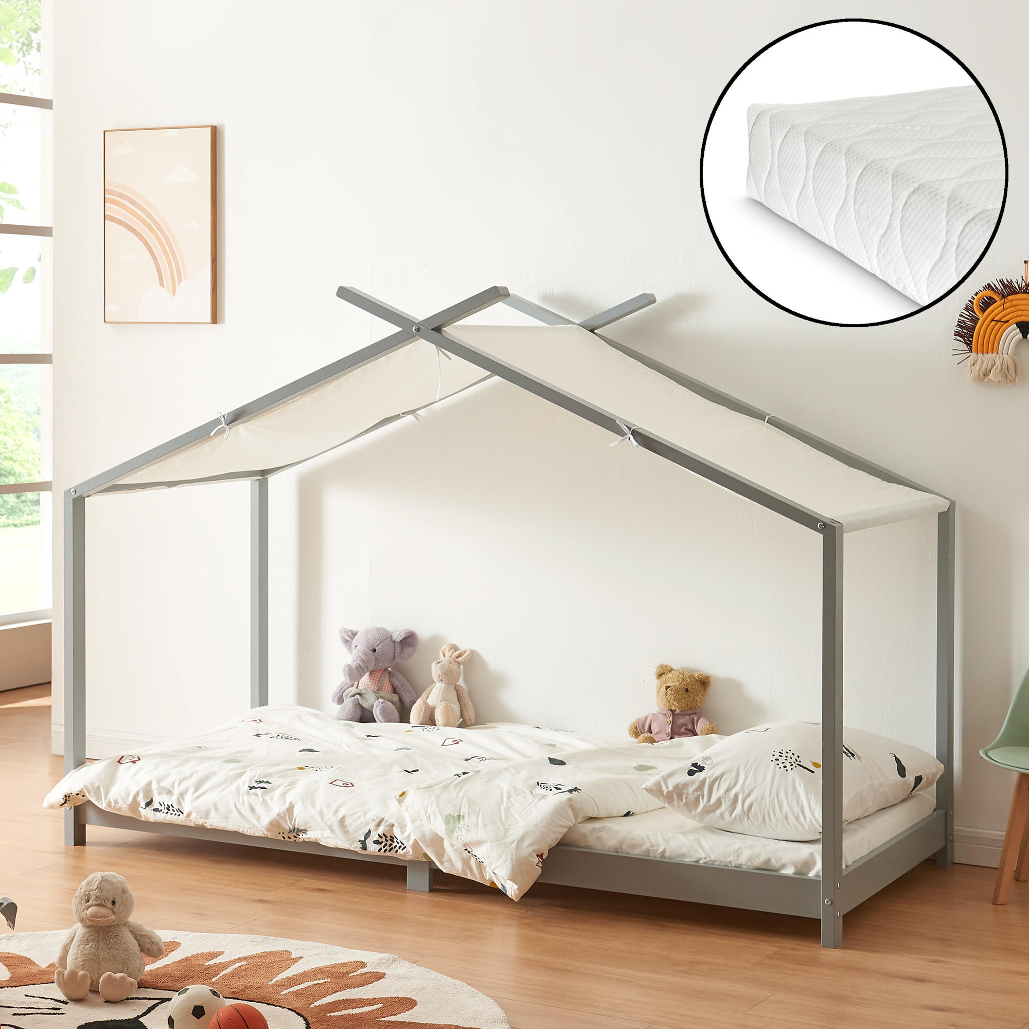 HAUSBETT Brome mit Matratze - Grau, Holz/Textil (90/200cm) - [en.casa]