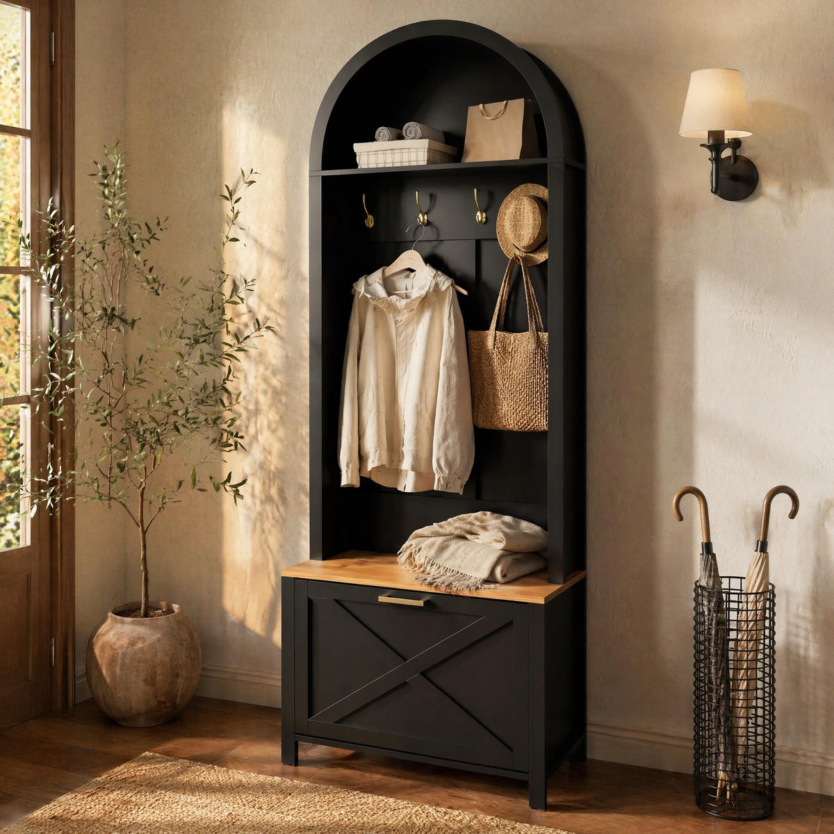 GARDEROBE-SET in Schwarz Garderobenschrank mit Schuhregal und Hake für Eingangsbereich und Flur, B75/T35/H195 cm - Schwarz/Naturfarben, Holzwerkstoff/Metall (75/195/35cm) - STILVORA