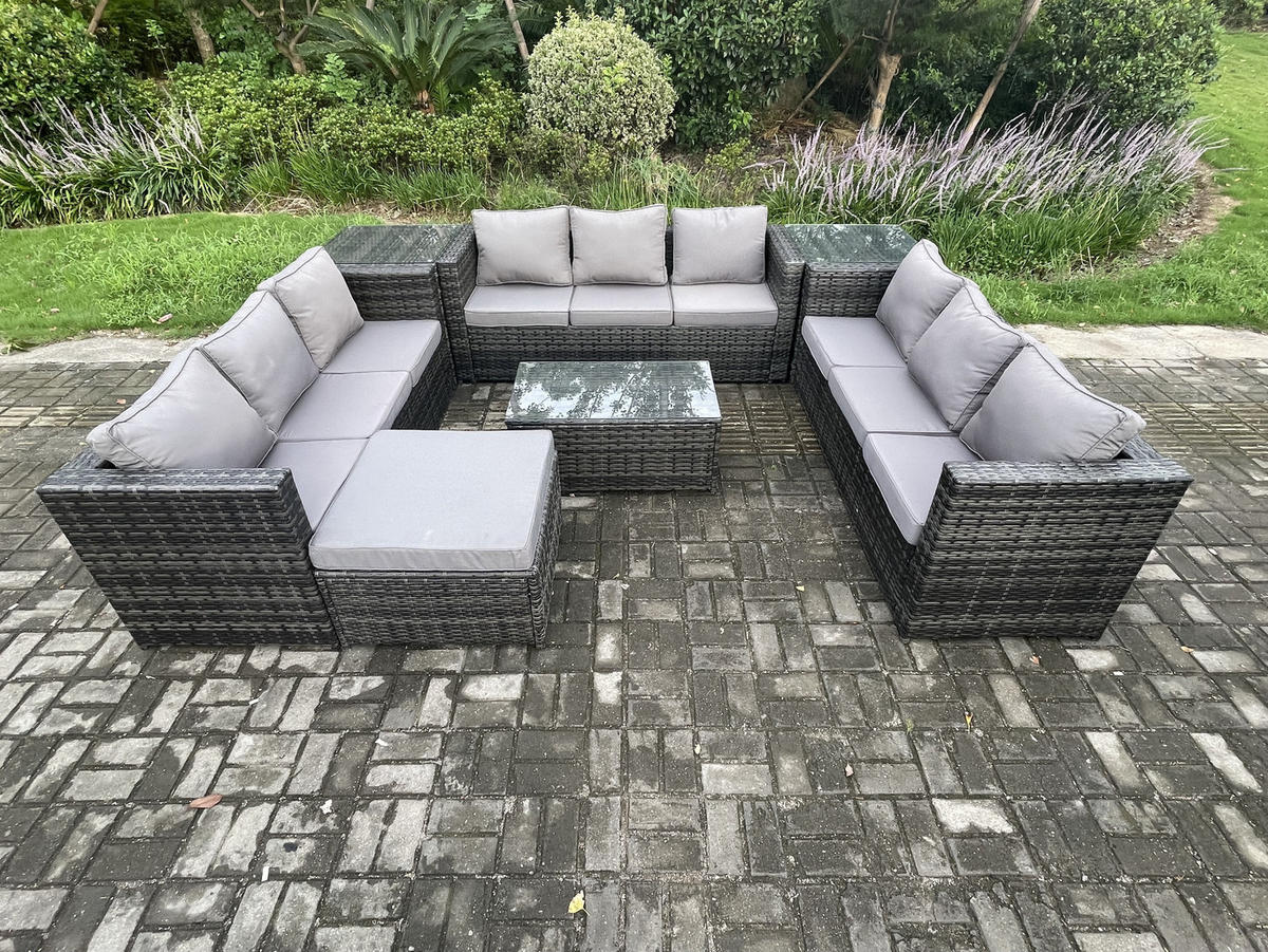 GARTENSET mit Beistelltisch Polyrattan 10-Sitzer - Dunkelgrau, Metall - Fimous