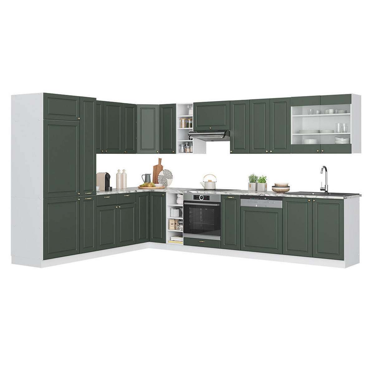 ECKKÜCHE Fame-Line Grün-Gold Landhaus/Weiß 347 x 257 cm ohne AP - Weiß/Grün, Holzwerkstoff (347/81.6/46cm) - Vicco