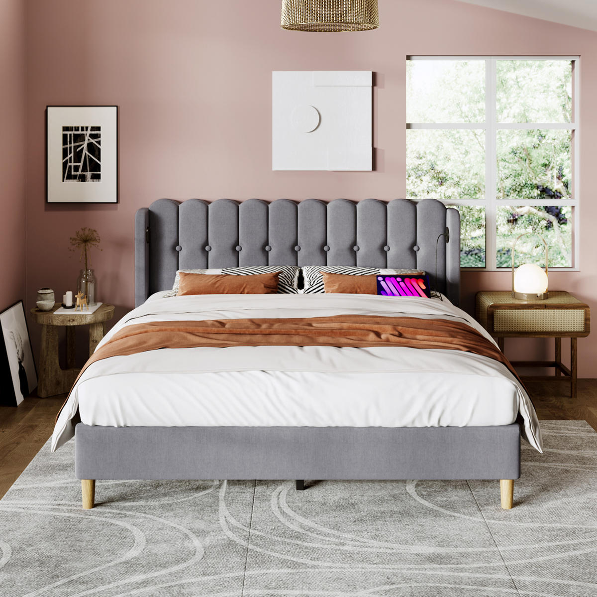 POLSTERBETT 160/200 cm mit USB-C Ladefunktion und gepolstertem Kopfteil - Grau, Textil (160/200cm) - BEAOK