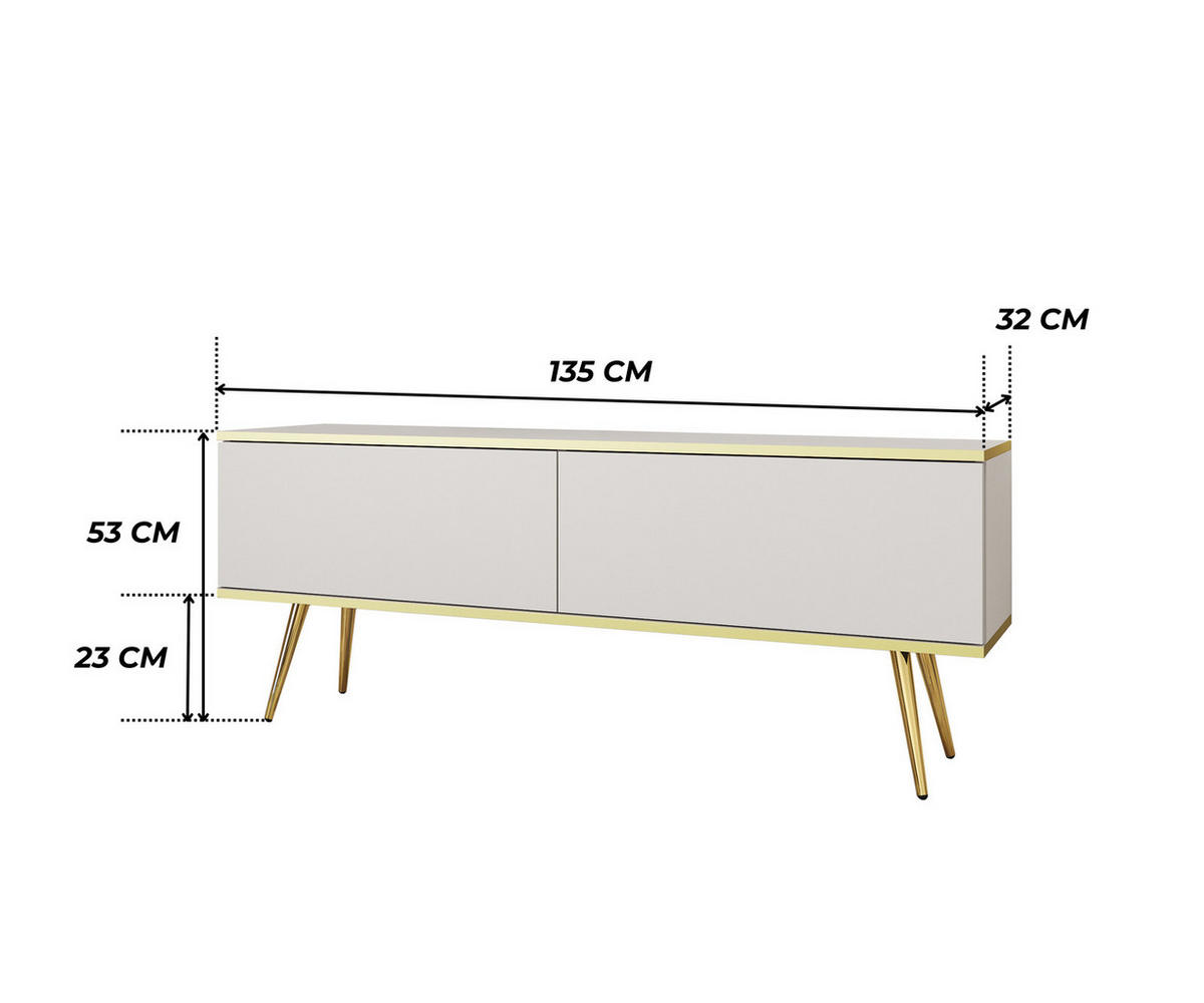 TV-LOWBOARD FORNO (Weiß, Goldene Details, 2 Türen, goldene Metallfüße, 135 cm) - Gelb/Goldfarben, Holz/Holzwerkstoff (135/53/32cm) - Ravio