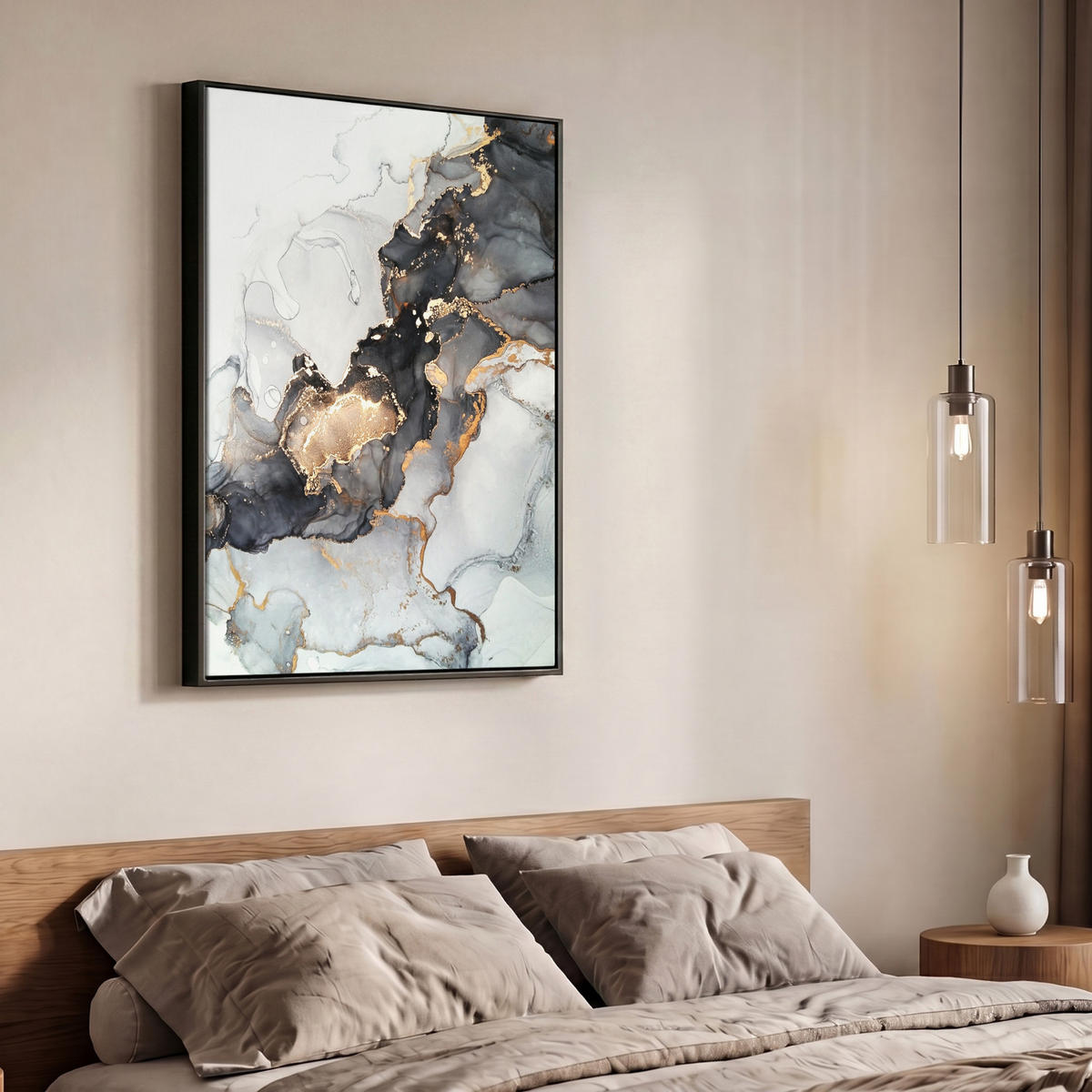 LEINWAND Bilder mit Rahmen - Marmor - Schwarz - Weiß - Gold - Luxus - Abstrakt - 70x100 - Goldfarben, Textil (70/100cm) - MuchoWow
