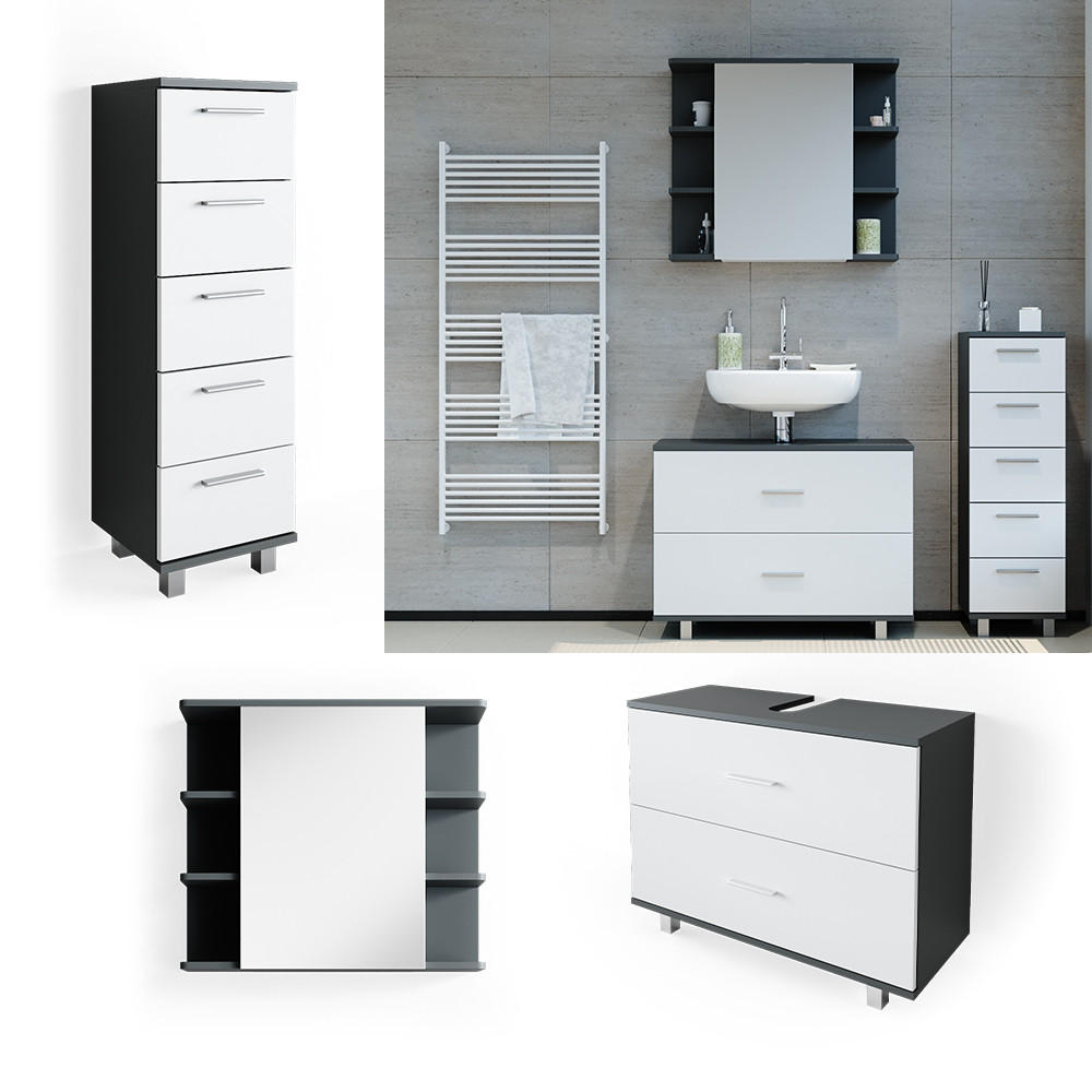 BADMÖBEL-SET Ilias Weiß/Anthrazit 3 Teile, mit Unterschrank 80 cm - Anthrazit/Weiß, Holzwerkstoff (80/60/33cm) - Vicco