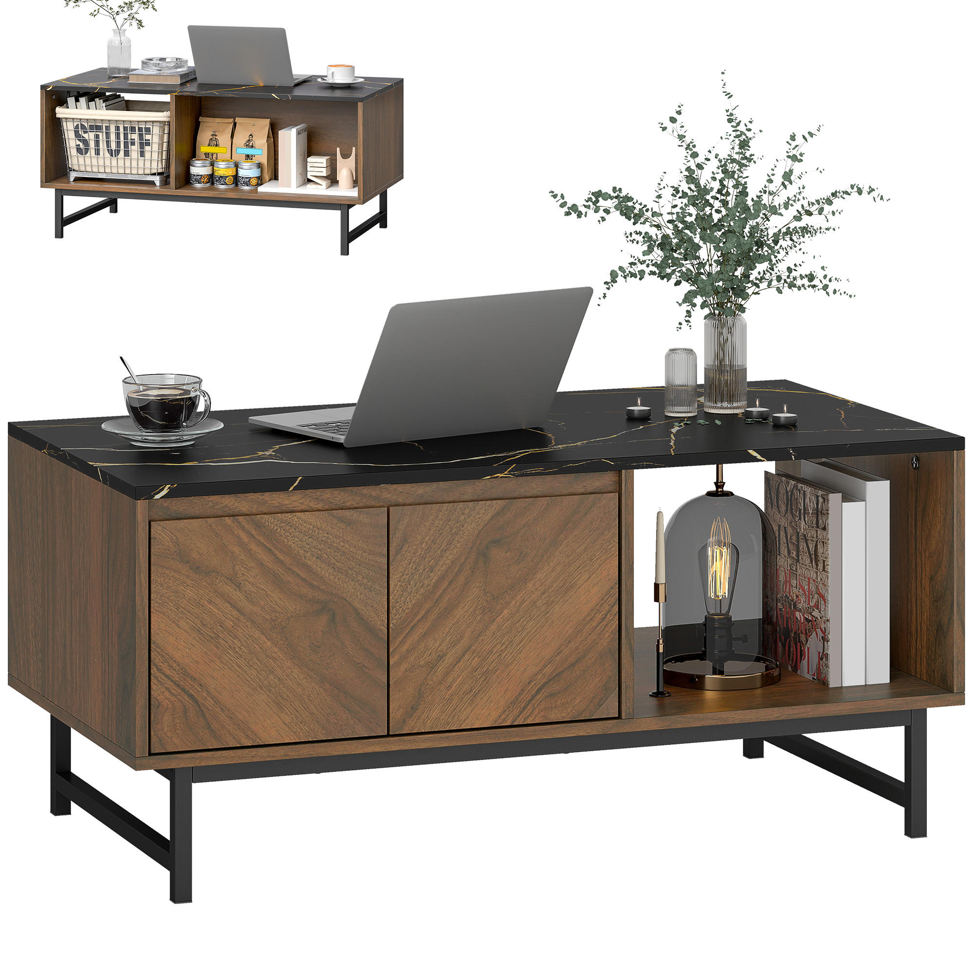 COUCHTISCH DE-15801 mit 2 Türen & 2 offenen Fächern Nussbaum - Walnussfarben, Holzwerkstoff (100/50.8/45.7cm) - ComfortXL